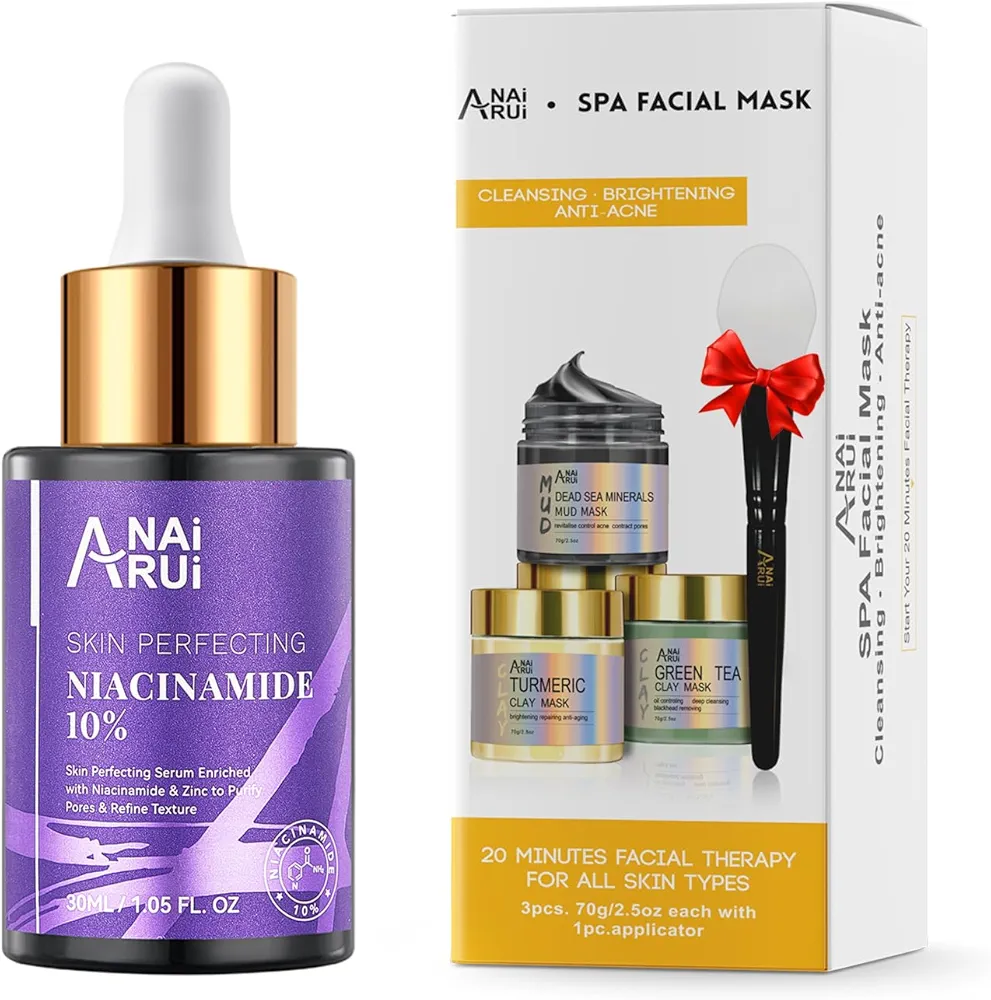 ANAI RUI Clay Mask Set for Pore Treatment/Smooth +Niacinamide 10% Serum,Minimize Pores,Redness Relief,Uneven Skin Tone