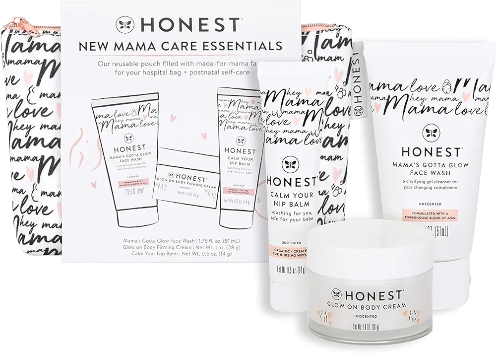 The Honest Company New Mama Care Essentials Gift Set | Hospital Bag Must Haves | Travel Size Nip Balm (0.5 oz), Glow On Body Cream (1 oz), Gotta Glow Face Wash (1.75 fl oz), Reusable Pouch