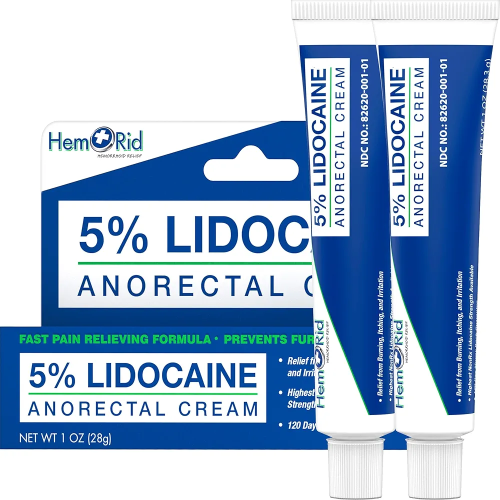 Maximum Strength Lidocaine Cream for Pain Relief. Fast-Acting Hemorrhoid Treatment Cream with 5% Lidocaine. Immediate Anal Itch Relief and Numbing - 2 Pack