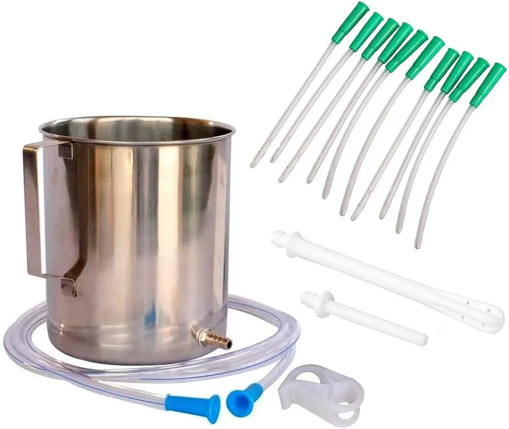 HealthAndYoga™ GutFlo Stainless Steel Enema Kit with Complete Tubing - Additional Medical Grade Colon Tips - Set of 10 (14 FR)