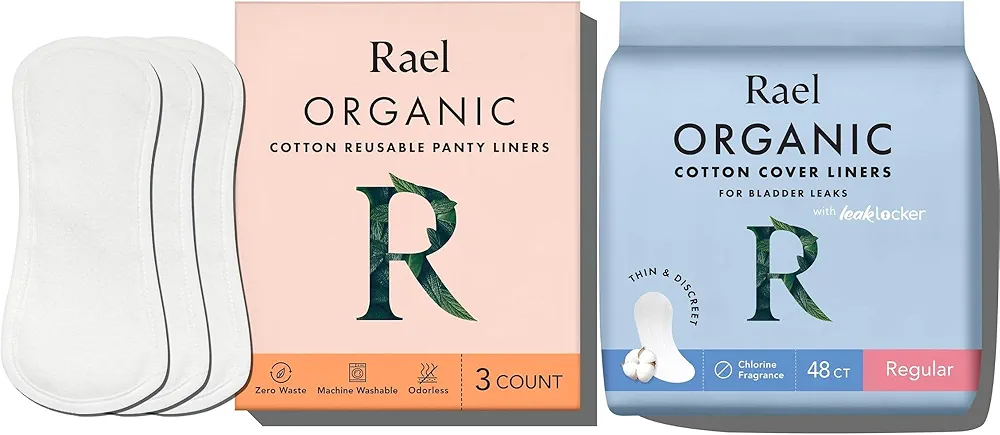 Rael Bundle - Organic Cotton Cover Incontinence Regular Liners (48 Count), Reusable Cloth Pantyliners 1 Pack (White, 3 Count)