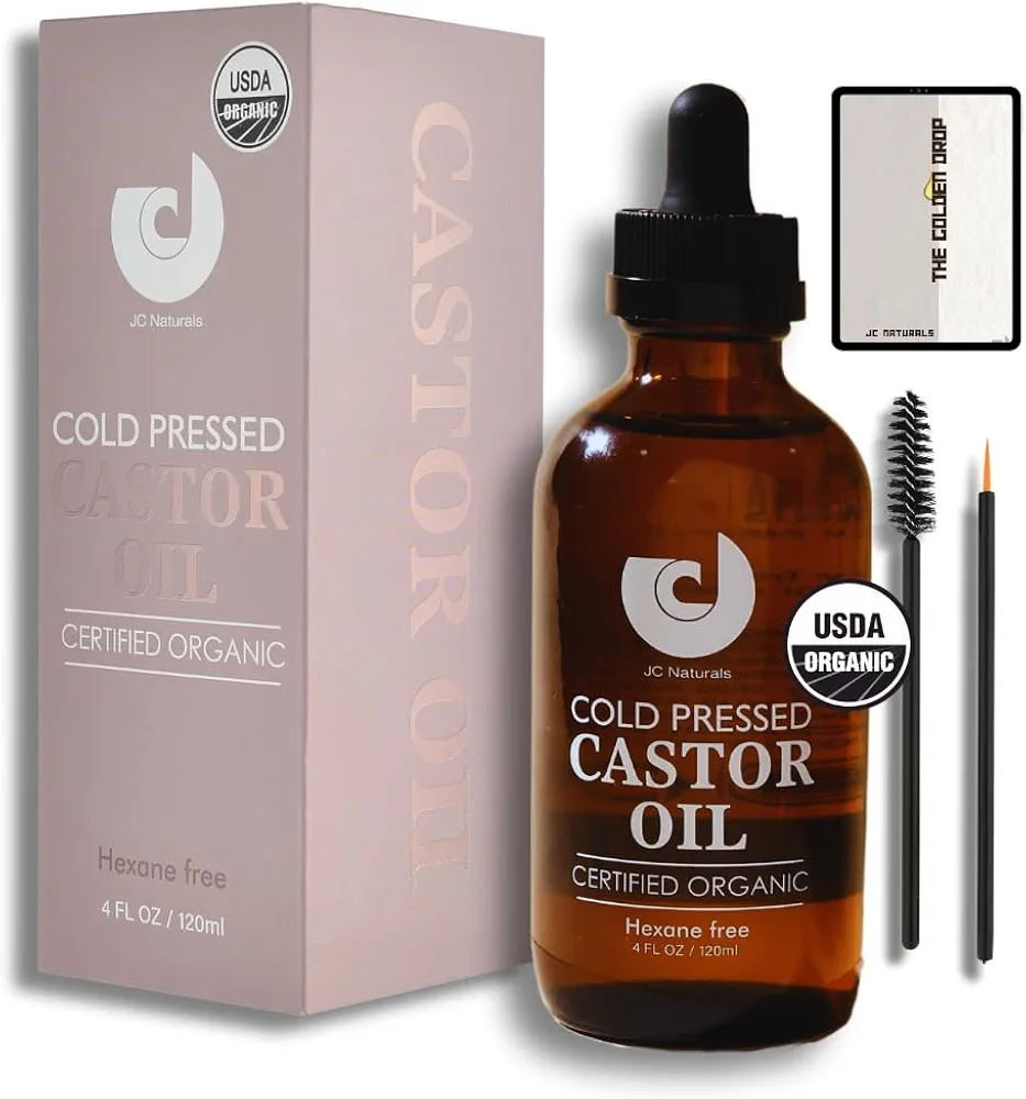 JC Naturals Castor Oil (4oz) USDA Certified Organic, Hexane-Free, 100% Pure Carrier Oil, Cold-Pressed for Hair Growth, Stimulate Growth for Eyelashes and Skin Moisturizer in a Glass Bottle