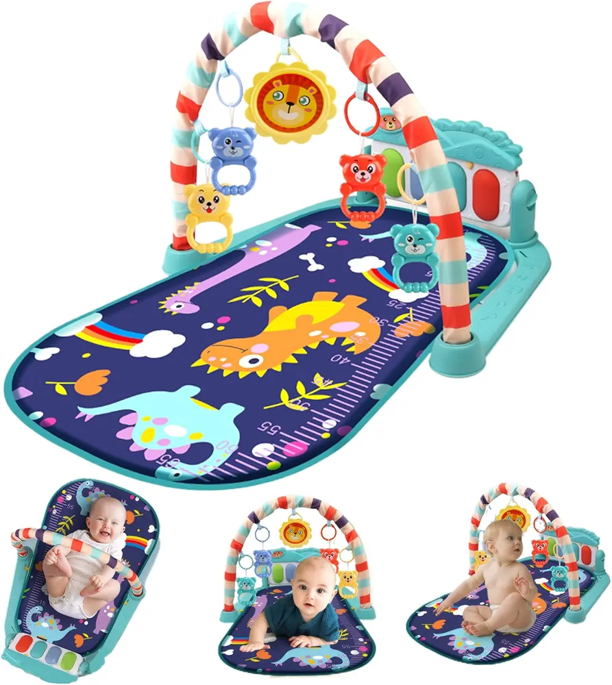 Baby Play Mat, Dinosaur Pattern Kick and Play Piano Mat with Rattle Toys, Soft Tummy Time Mat, Musical Activity Center for Newborn, Early Educational Baby Mats for Floor Play