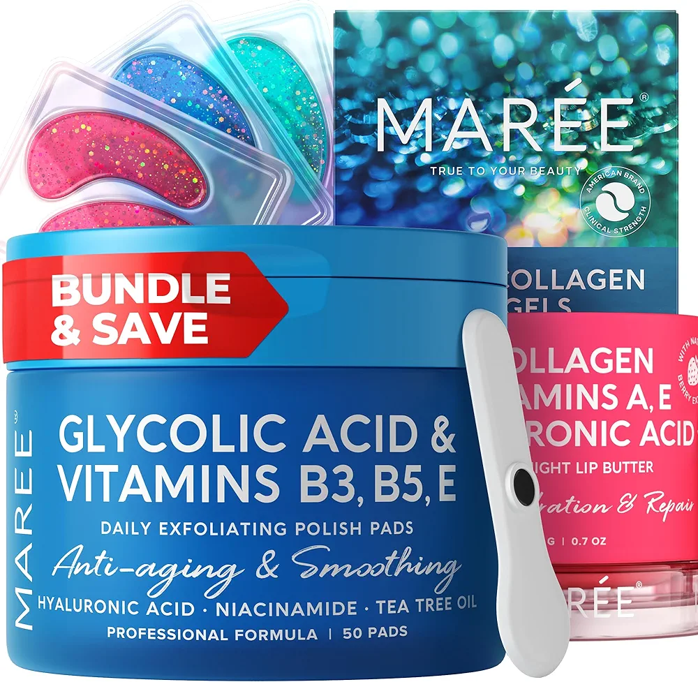 MAREE Bundle - Glycolic Acid Peel Pads, Lip Mask Under Eye Gels - Salicylic Acid, Marine Collagen & Hyaluronic Acid, Coconut Oil - Deep Cleaning Effect, Nourish & Hydrate Dry Lips, De-puff Eyes