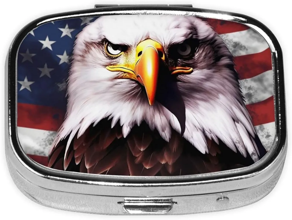 American Flag Eagle Bird Square Pill Box Mini Metal Pill Case for Purse Small Cute 2 Compartment Medicine Pill Organizer Portable Pill Container Holder for Daily Medicine Vitamin