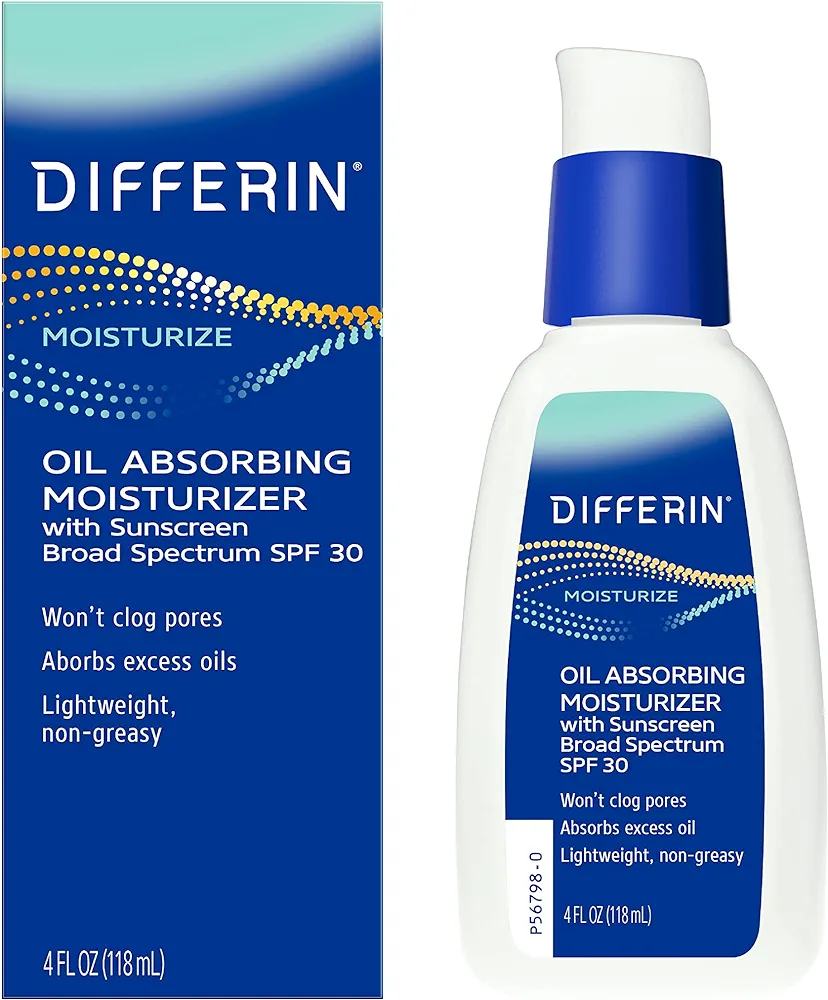 Differin Oil Absorbing Moisturizer with SPF 30, Sunscreen for Face by the makers of Differin Gel, Gentle Skin Care for Acne Prone Sensitive Skin, 4 oz (Packaging May Vary)