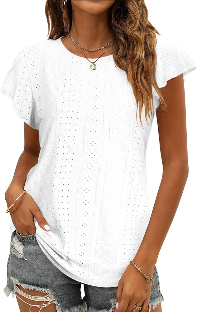 Womens Tops Summer Ruffle Sleeve Crew Neck Tshirts Loose Fit Casual Cute Top Blouses