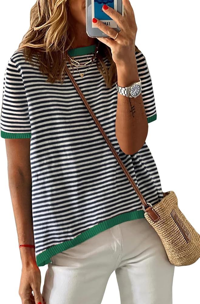 Womens Summer Fall Short Sleeve Sweaters Striped Lightweight Cotton Sweater Crew Neck Color Block Pullover Tops