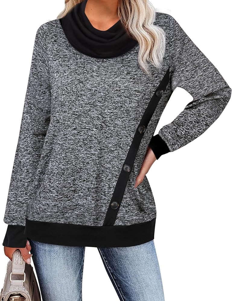 Youtalia Women's Long Sleeve Cowl Neck Pullover Button Side Tunic Sweatshirt