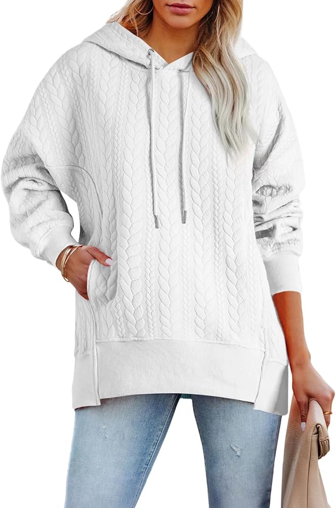 AlvaQ Womens Oversized Hoodies Fall Winter Casual Quilted Long Sleeve Drawstring Hooded Pocketed Sweatshirts Pullover Top