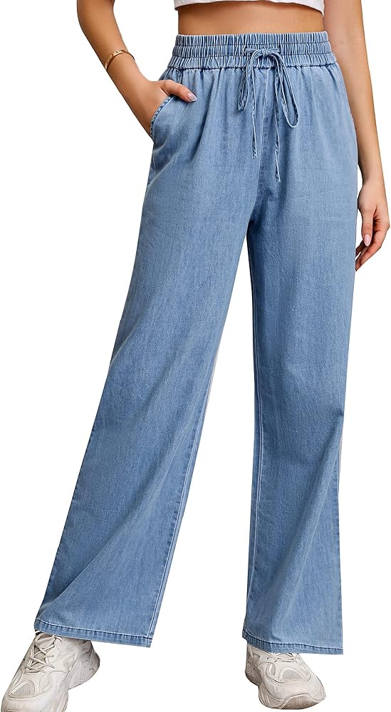 Love Welove Fashion Wide Leg Jeans for Women Elastic High Waisted Pull On Drawstring Baggy Denim Pants Plus Size 3XL