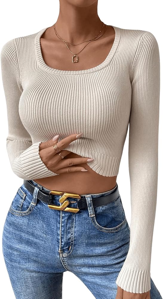 Verdusa Women's Scoop Neck Long Sleeve Slim Fitted Crop Sweater Pullover