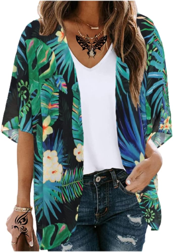 Women's Floral Print Puff Sleeve Kimono Cardigans Chiffon Casual Loose Open Front Cover Tops Cardigan Blouse