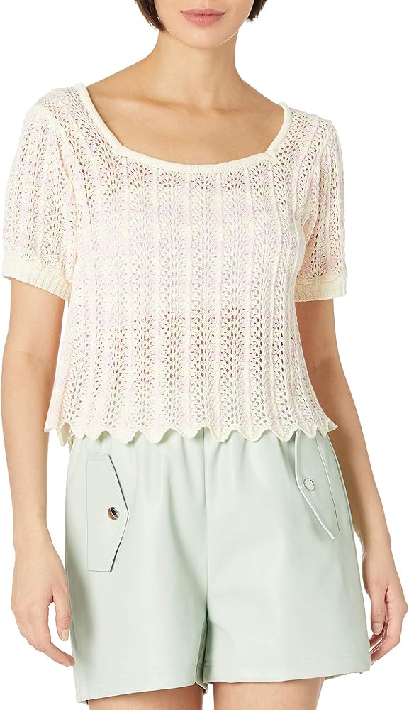 KENDALL + KYLIE Women's Scallop Stripe Short Sleeve Top