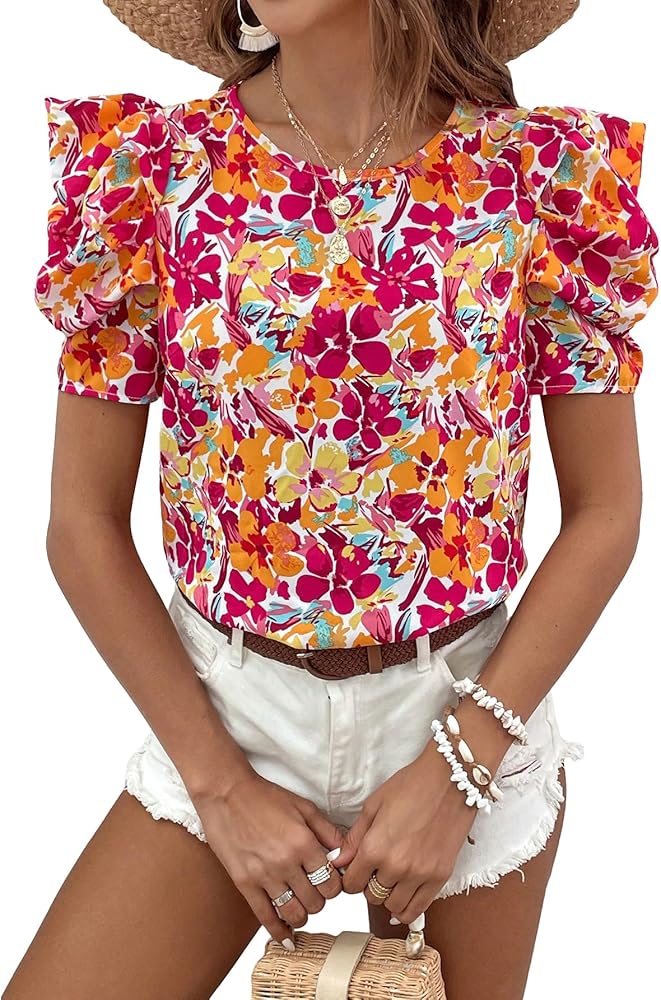 SweatyRocks Women's Floral Print Tee Top Puff Sleeve Crew Neck Keyhole Boho Blouse Top