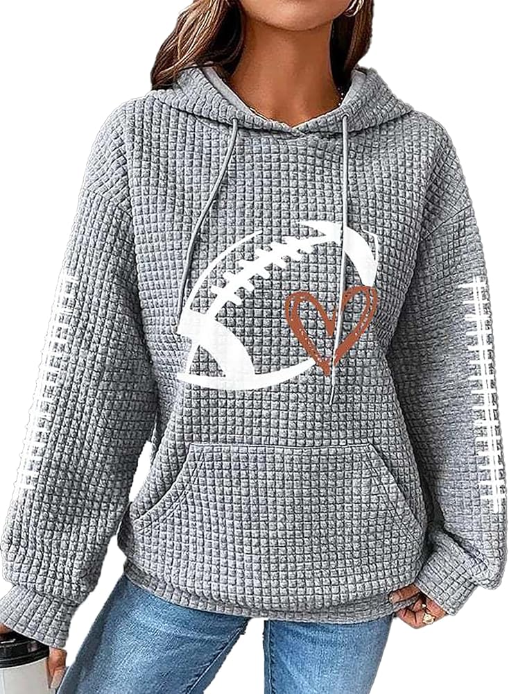 Waffle Knit Hoodie Women's Game Day Sweatshirt Football Graphic Long Sleeve Sweater Football Season Pullover