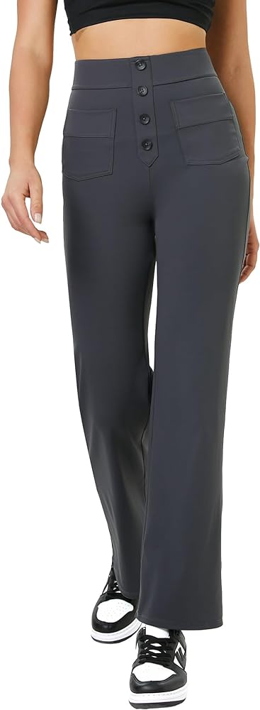 keriffe Women's Straight Leg Pants High Waisted Button Multiple Pockets Stretchy Casual Work Trousers