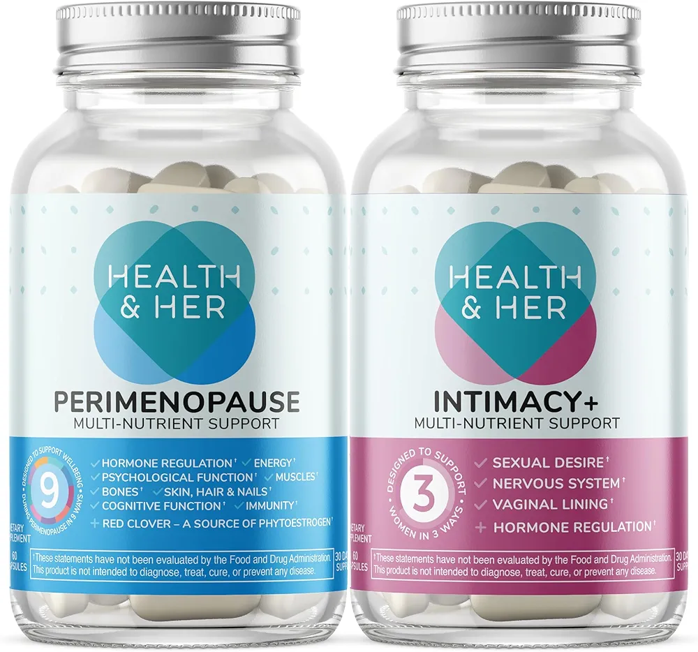 Health & Her Perimenopause Multi-Nutrient Supplement and Intimacy Support, Natural Relief, Gluten-Free, Supports Hormonal Balance, Energy, and Well-Being, 60 Capsules Each