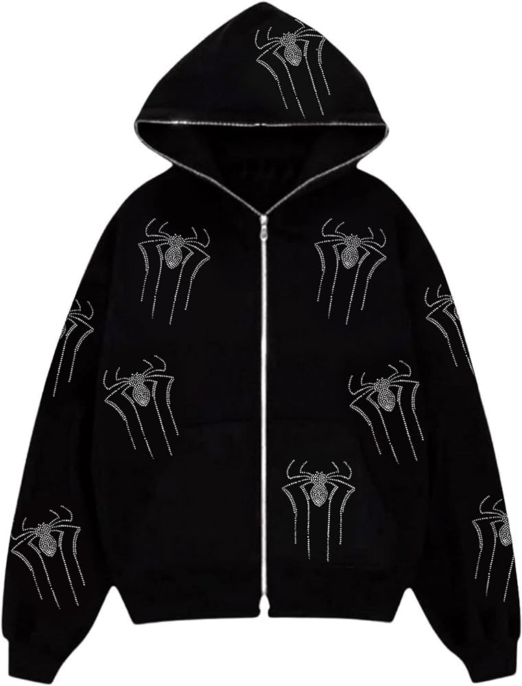 Kaipiclos Skeleton Hoodie Men Women Full Zip Up Hoodie Over Face Oversized Graphic Rhinestone Skull Streetwear Jacket (Black White Spider, S)