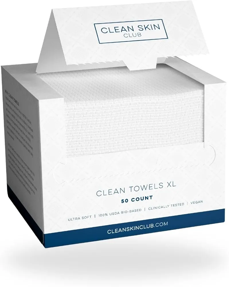 Clean Skin Club Clean Towels XL™, 100% USDA Biobased Face Towel, Disposable Face Towelette, Makeup Remover Dry Wipes, Ultra Soft, 50 Ct, 1 Pack