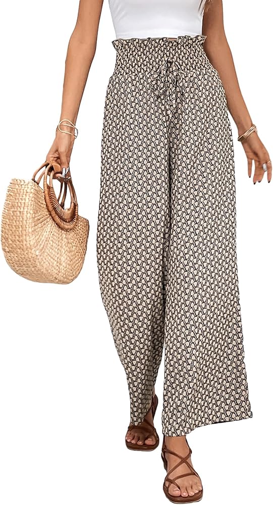 Verdusa Women's Floral Print Paperbag Elastic Waist Loose Wide Leg Beach Pants Palazzo Khaki L