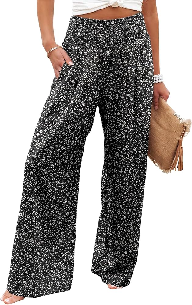 Womens High Waisted Wide Leg Palazzo Pants Casual Lounge Boho Flowy Pants with Pockets