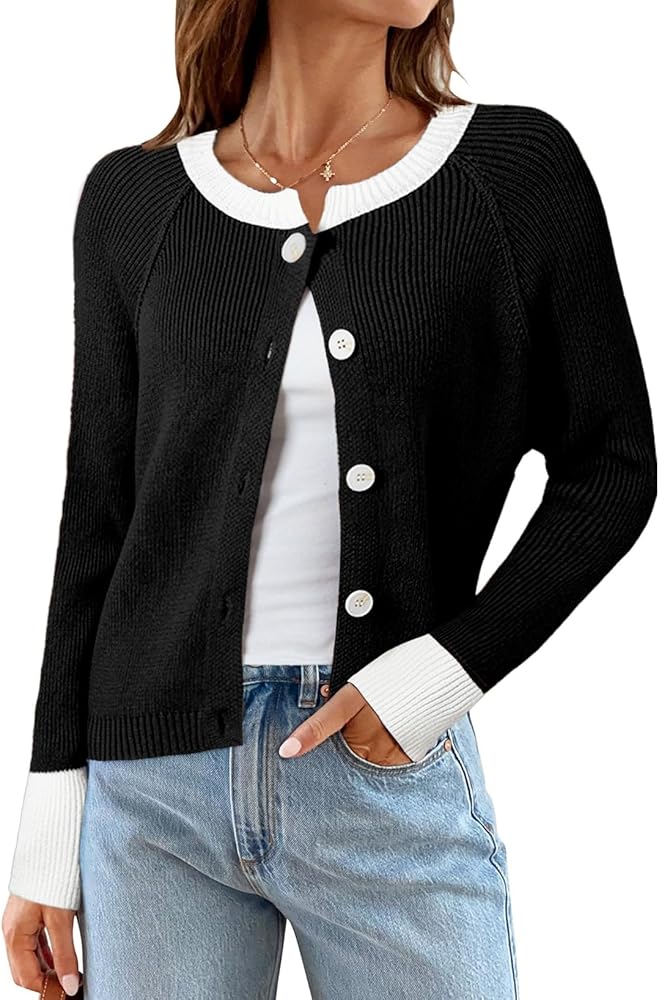 Sidefeel Women's 2024 Fall Long Sleeve Crewneck Cropped Cardigan Sweaters Contrast Button Down Knit Sweaters Coat