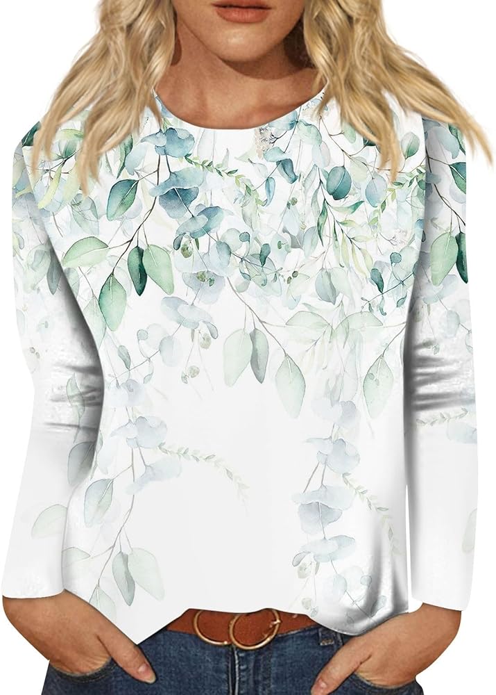 Women's Floral Print Long Sleeve Tshirts Fall Plus Size Graphic Tunic Business Fitted Bohemian Outfit