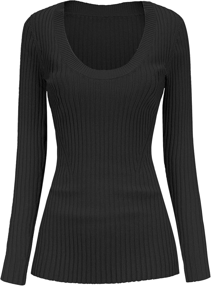 v28 Women Scoop Neck U-Neck Knit Long Sleeve Slim Fit Ribbed Sweater Tops