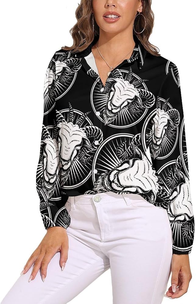 Baphomet Head Women's Long-Sleeve Shirt Button Down Tees Blouse Vintage Casual Tops