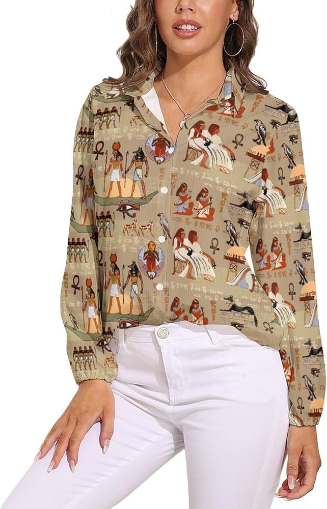 Egyptian Gods and Pharaohs Women's Long-Sleeve Shirt Button Down Tees Blouse Vintage Casual Tops