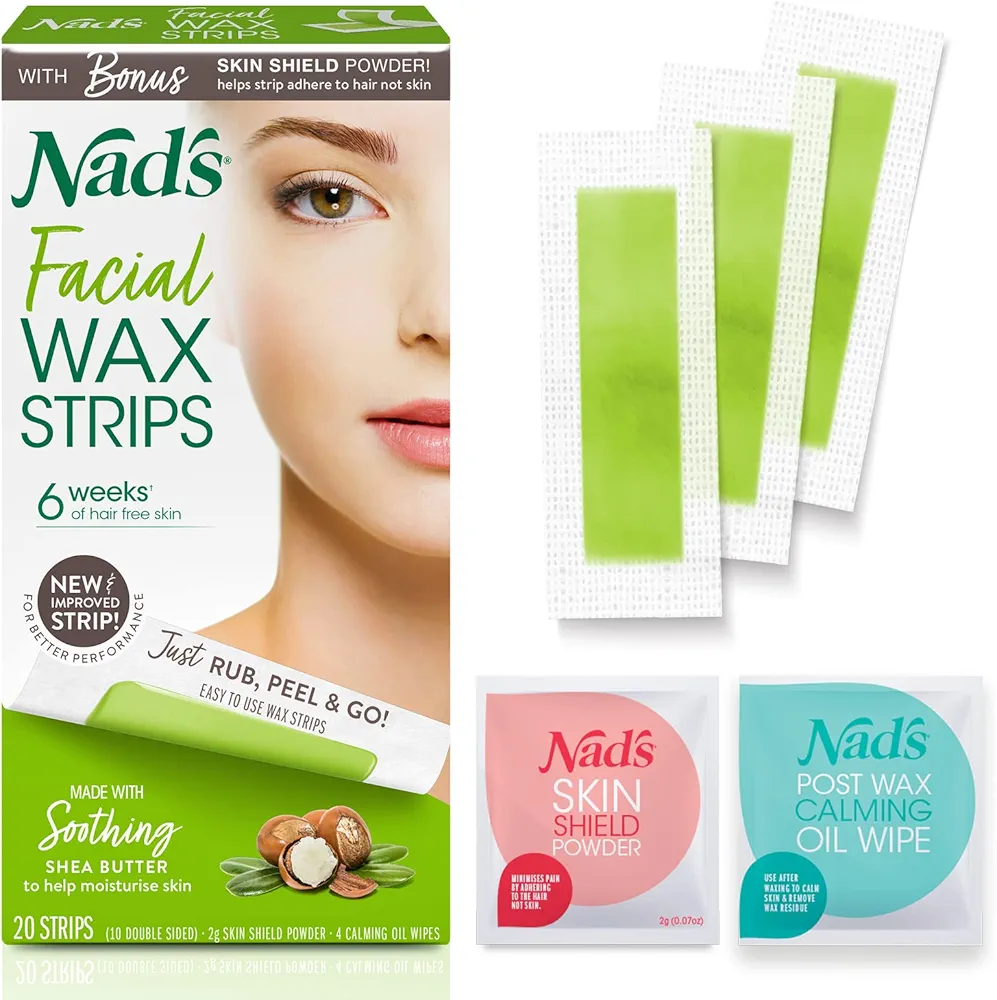 Nad's Facial Wax Strips - Hypoallergenic All Skin Types - Facial Hair Removal For Women - At Home Waxing Kit with 20 Face Wax Strips + 4 Calming Oil Wipes + Skin Protection Powder