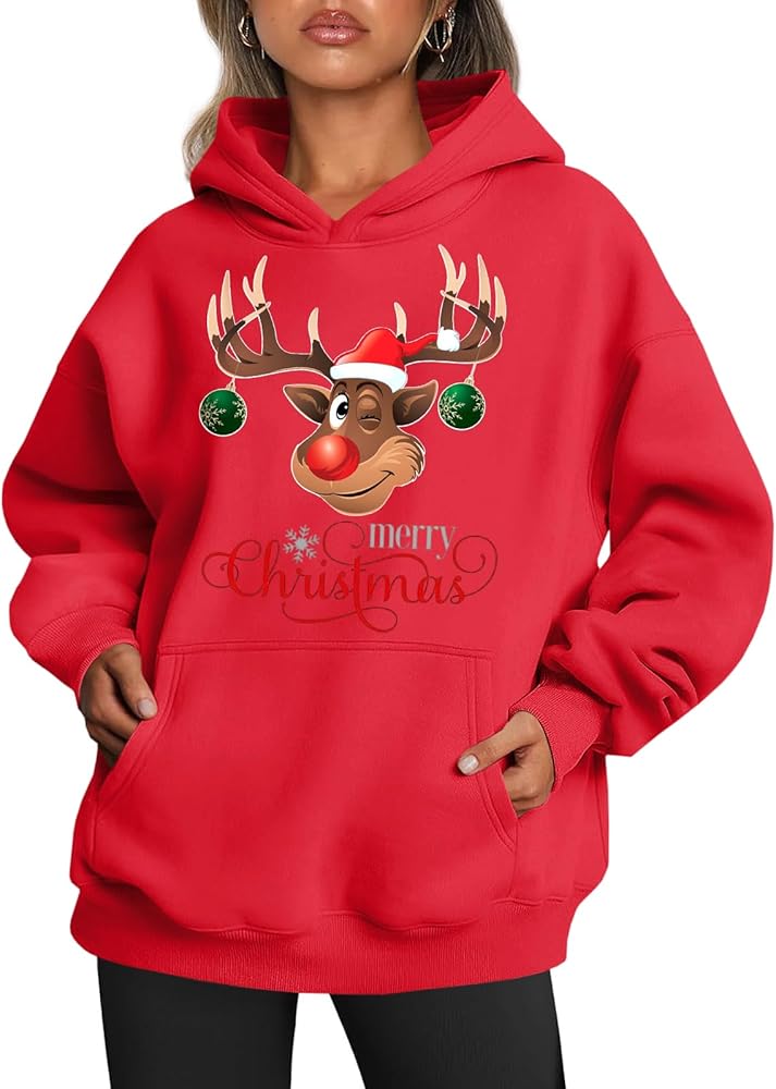 Wenrine Women's Christmas Oversized Hoodies Sweatshirts Long Sleeve Fleeced Funny Cute Reindeer Print Holiday Pullover