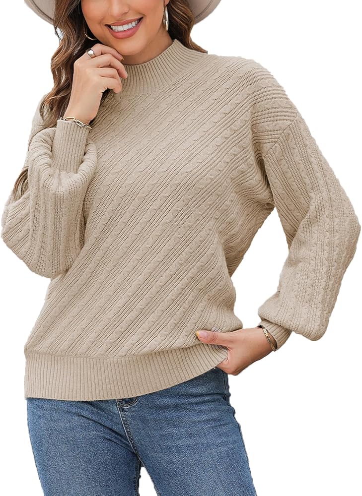 Dokotoo Womens Fall Sweaters 2024 Fashion Cable Knit Mock Neck Lantern Sleeve Casual Loose Pullover Tops