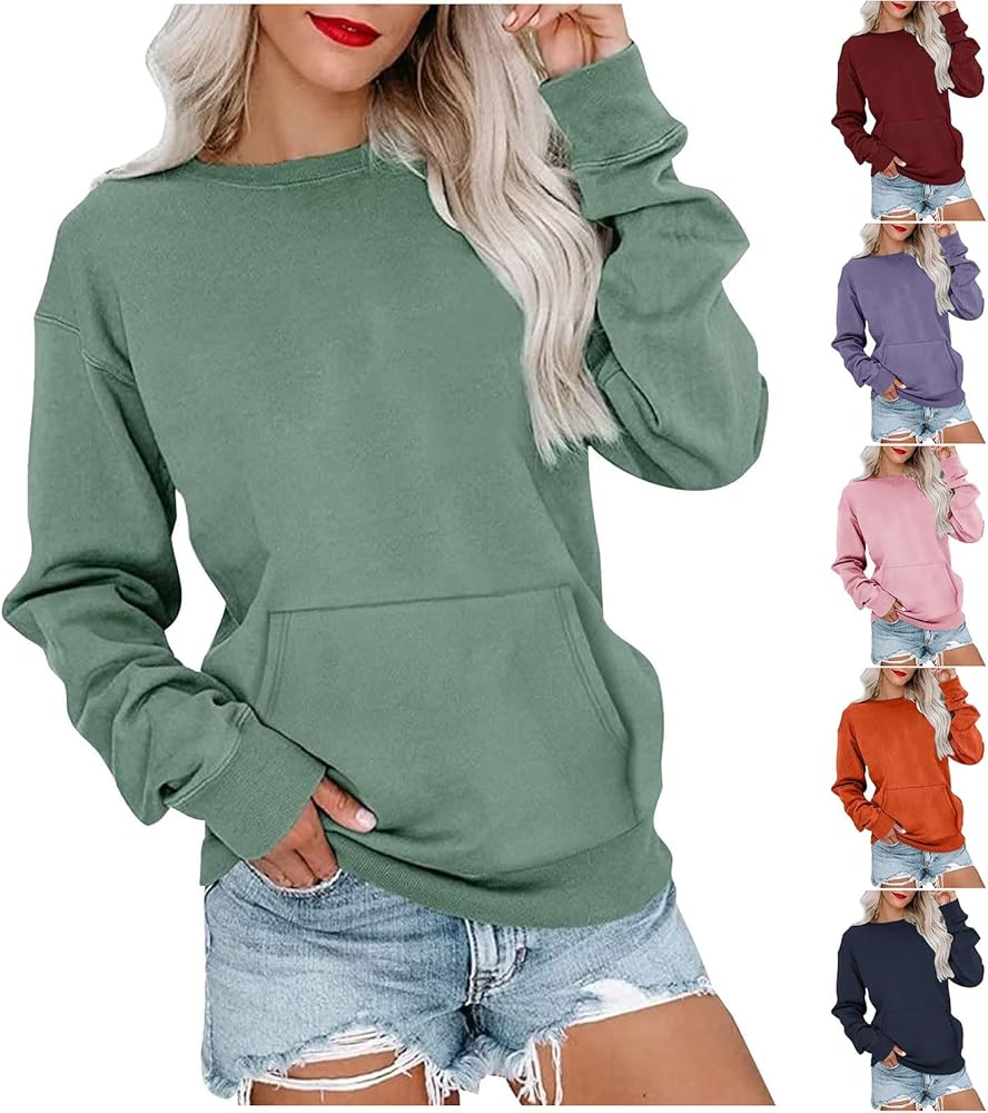 Womens Long Sleeve Kangaroo Pocket Hoodie Pullover Crewneck Sweatshirt Drop Shoulder Casual Top Lightweight Hoodie