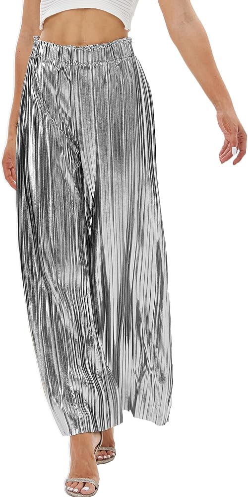 Fakanhui Women's Metallic Wide Leg Palazzo Pants Gold Silver Casual Dress Evening Party Clubwear Trouser