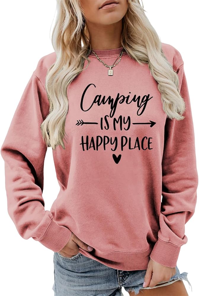 Camping is My Happy Place Sweatshirt, Women Funny Camping Crewneck Pullover Tops Camper Life Sweater Camp Lover Gift