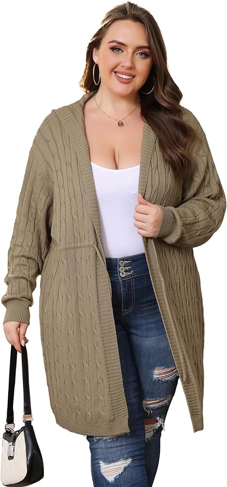 KIMCURVY Plus Size Women's Hooded Cable Knit Sweater Cardigan Open Front with Drawstring Waist