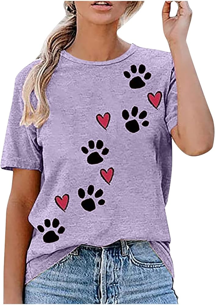 Mzkdieey Cute Dog Paw Print T-Shirts for Women Love Heart Short Sleeve Shirts Dog Lover Tee Dog Mom Tops Summer Casual Blouse