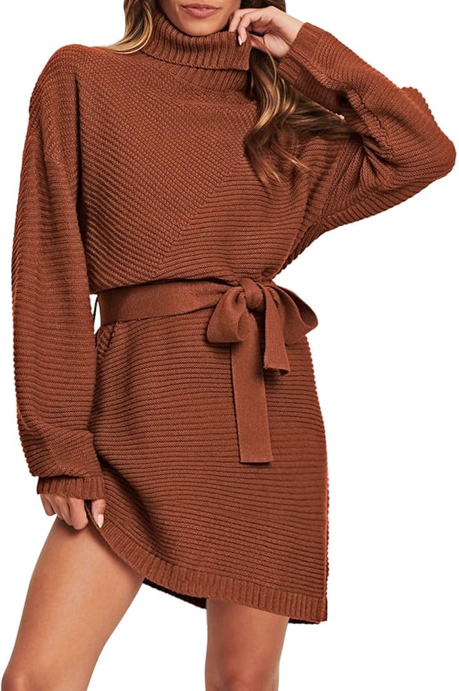 Pink Queen Women's Oversized Sweater Dress Trendy Ribbed Knit Turtle Neck Tunic Pullover Sweaters Tops Outfits Brown S