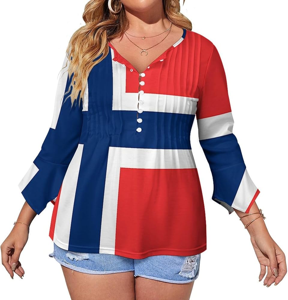 Flag of Norway Cute Womens T-Shirts 3/4 Sleeve Button Down Tee Tops Blouse Summer Beach