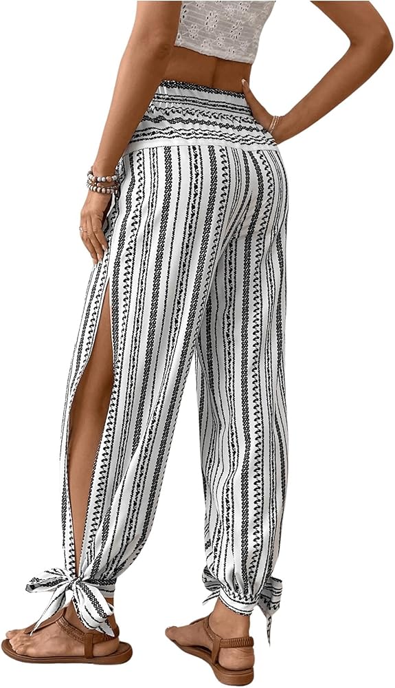 WDIRARA Women's Boho High Waist Split Knot Hem Long Pants Flowy Harem Yoga Pants