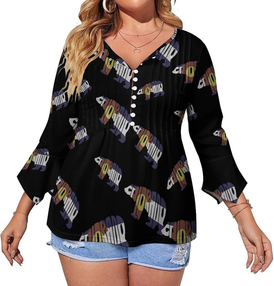 Colorado Bear Flag Cute Womens T-Shirts 3/4 Sleeve Button Down Tee Tops Blouse Summer Beach