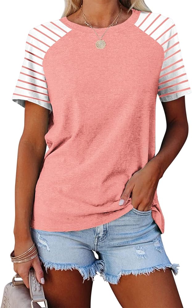 Womens Tops Summer Short Sleeve Shirts Raglan Striped T-Shirts