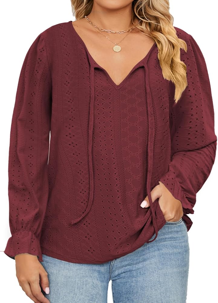 DOLNINE Plus Size Tops for Women V-Neck Puff Long Sleeve Eyelet Drawstring Shirts