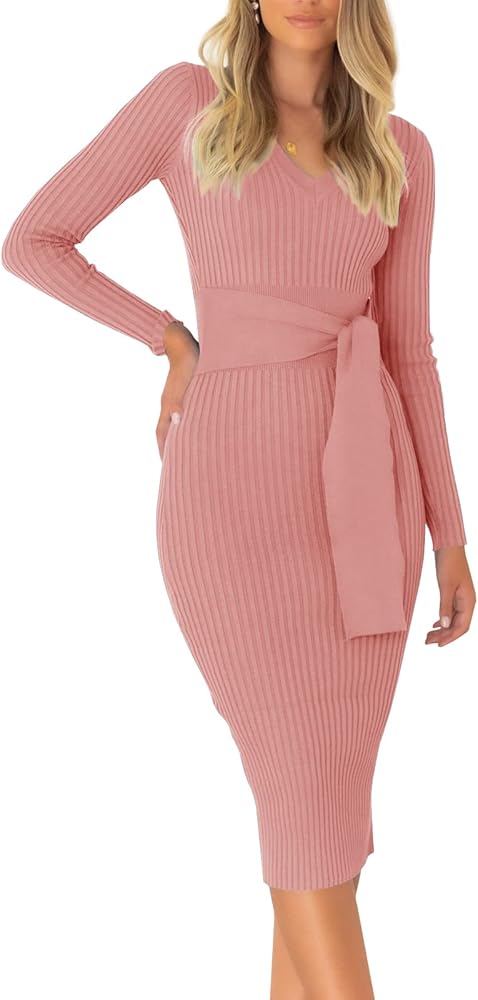 Womens Elegant V Neck Long Sleeve Dress Bodycon Ribbed Knit Tie Waist Midi Sweater Dresses