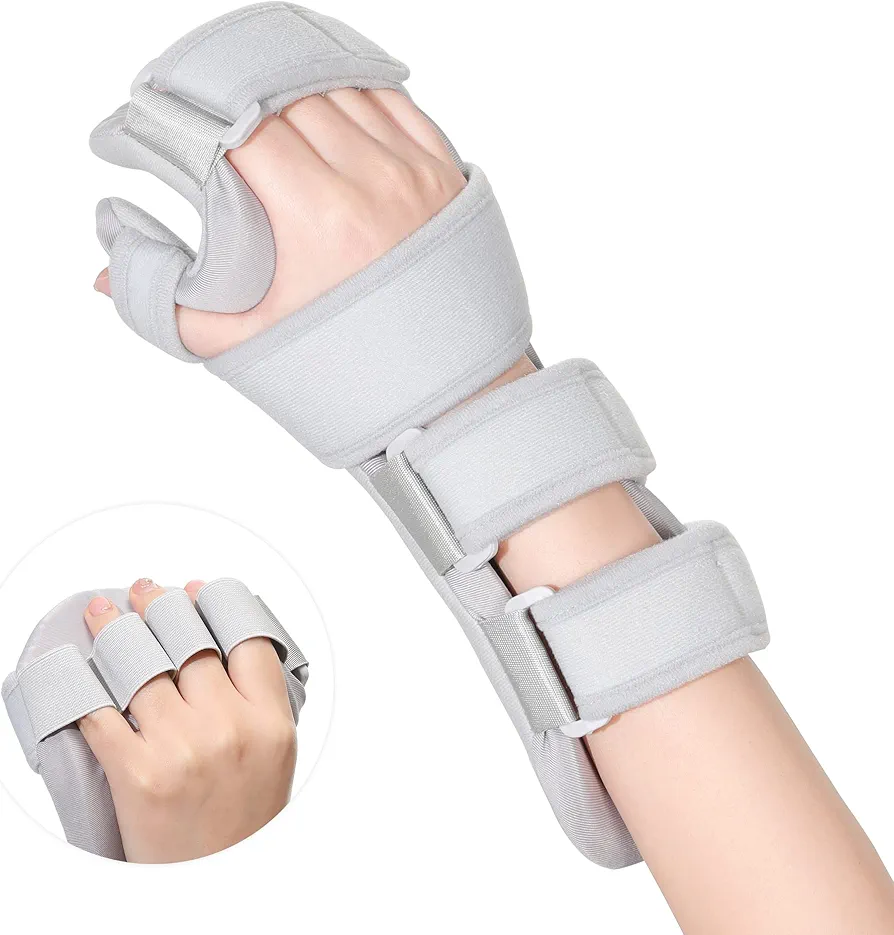 Stroke Resting Hand Splint - Night Immobilizer Wrist Finger Brace for Flexion Contractures, Functional 5 Finger Stabilizer Wrap - for Muscle Atrophy Rehab, Arthritis, Carpal Tunnel Pain(Grey)