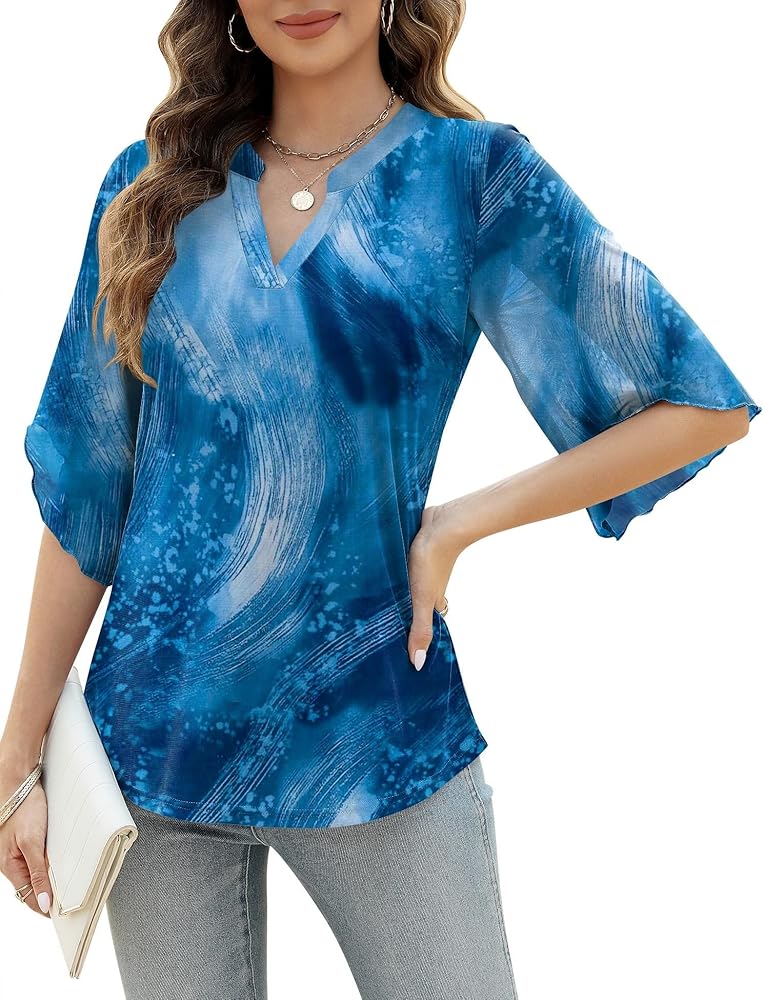 LUYAA Women's 3/4 Sleeve Blouses Tops V Neck Casual Dressy Double Layers Mesh Loose Fit Tunic Shirts