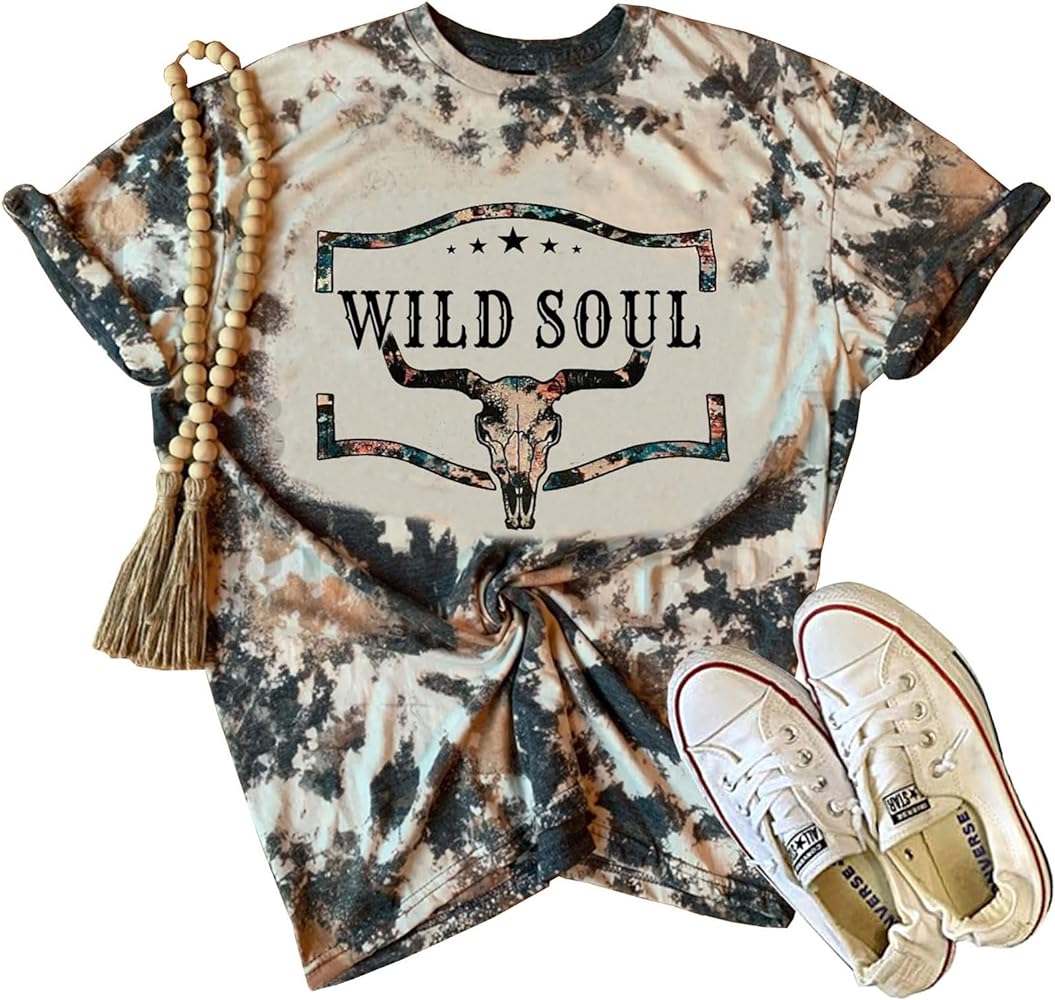 Retro Steer Skull Western T-Shirt Women Vintage Country Music Shirt Cute Cowgirl Graphic Cowboy Tees Tops