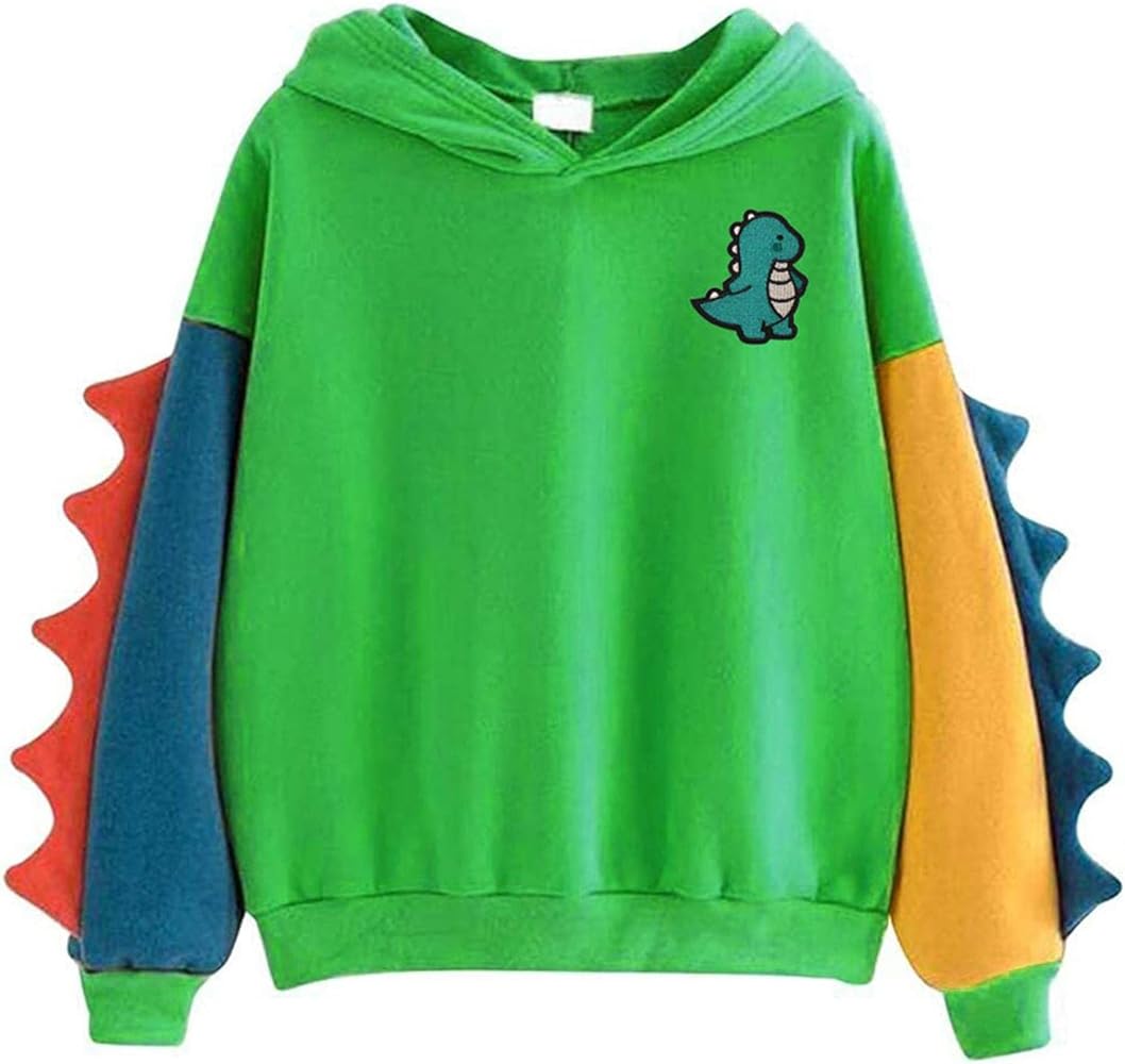 Casual Loose Color Block Long Sleeve Dinosaur Hoodies Pullover Tops Hooded Sweatshirt